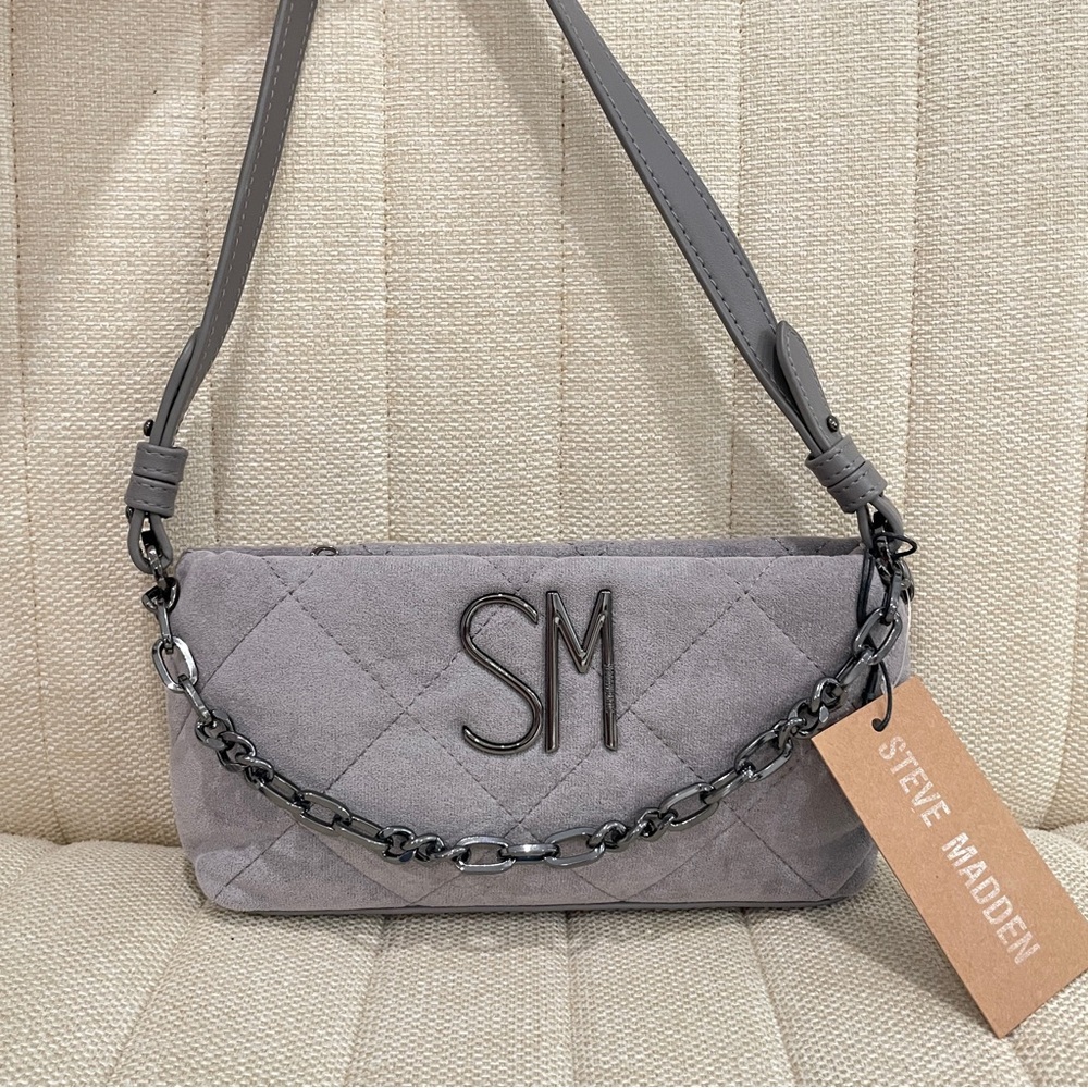 NEW Steve Madden Grey Quilted Faux Suede Baguette Shoulder Bag Gunmetal SM‎ Logo